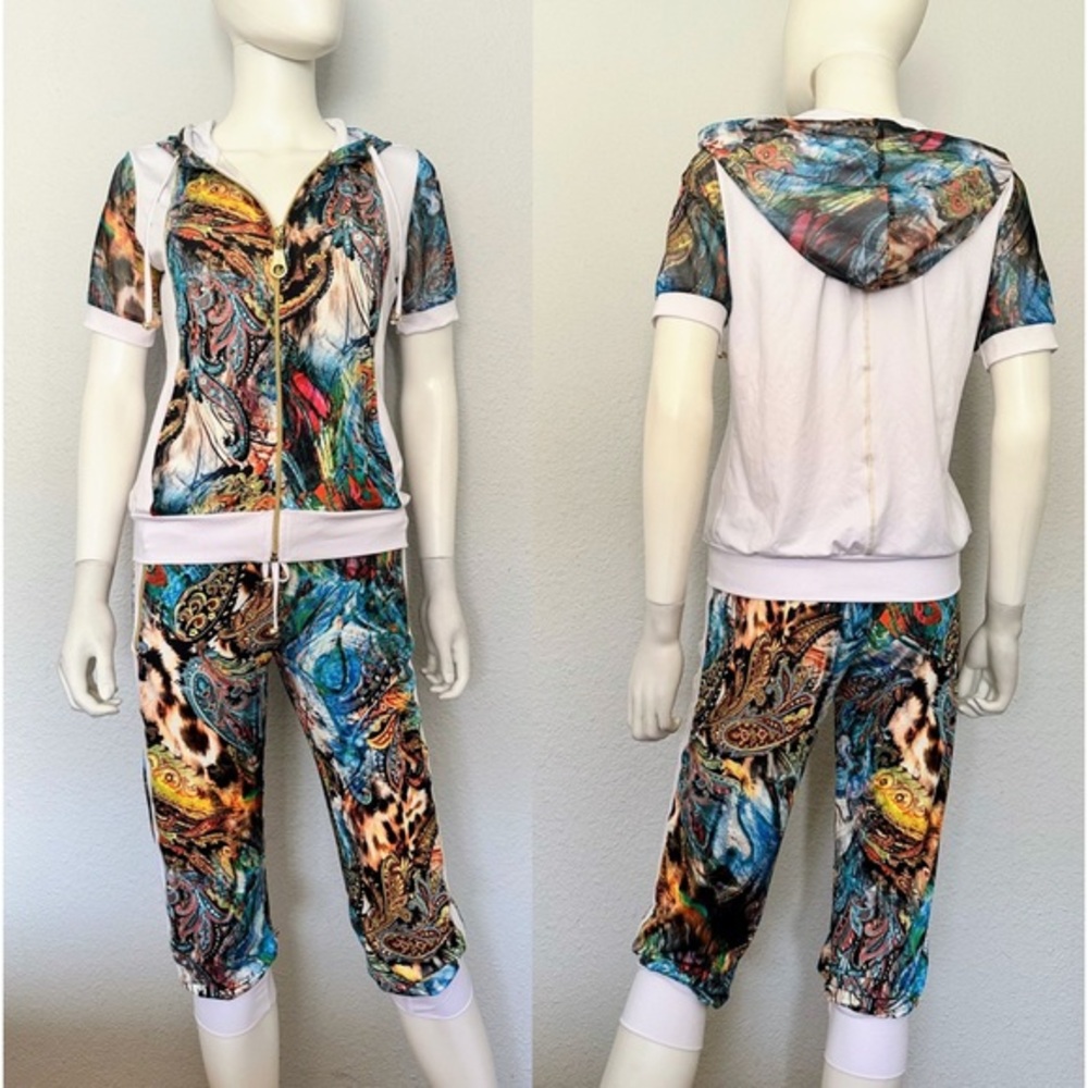 NWT WOMEN SET HOODED JACKET/CAPRI SHORT SLEEVES LIGHTWEIGHT LOUNGEWEAR TRACKSUIT